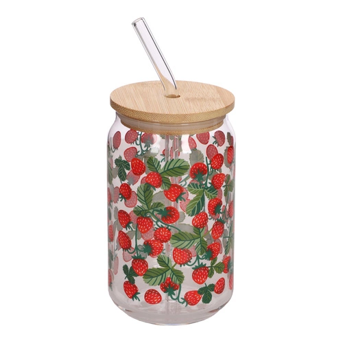 Szklanka do napoju z pokrywką i słomką Soleo 530 ml poziomki Intesi – letni design