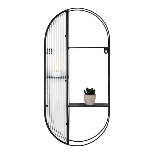 Półka ścienna Newcastle czarna metalowa z ryflowanym szkłem 3 poziomy loftowa do salonu