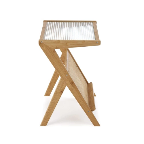 Stolik kawowy Balli boho z rattanu i szkła prostokątny naturalny do salonu Intesi