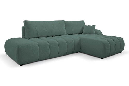 Narożnik z funkcją spania Hobro prawy zielony nowoczesny do salonu z pojemnikiem