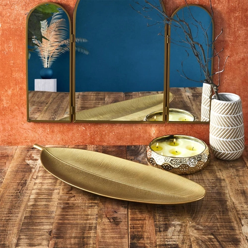 Taca dekoracyjna Liść Intesi złota 59 cm orientalna do salonu glamour na biżuterię