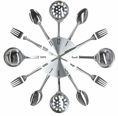 Nowoczesny zegar ścienny Cutlery Atmosphera srebrny 38 cm cichy do kuchni lub jadalni