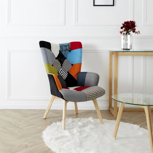 Fotel uszak Helsinki patchwork multikolor do salonu skandynawski z podłokietnikami Intesi