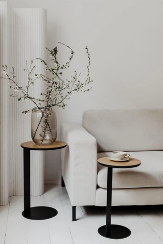 Stolik kawowy ODEN okrągły 30 cm nowoczesny dąb naturalny metalowy do salonu NORDIFRA