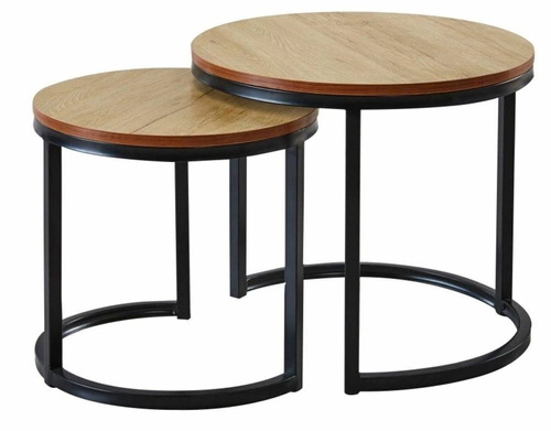 Zestaw 2 okrągłych stolików kawowych Mirra loftowy drewniany do salonu naturalny/czarny