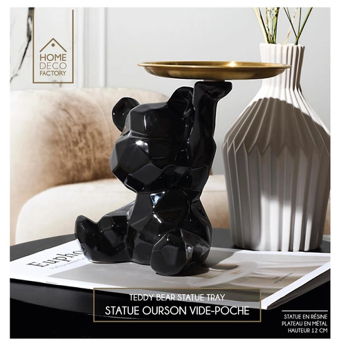 Figurka dekoracyjna miś origami czarna ze złotą tacą ceramiczna do salonu Intesi