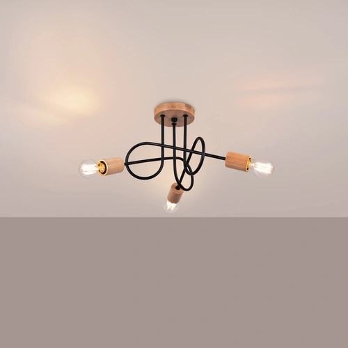 Żyrandol do salonu EMBER 3 czarny minimalistyczny z drewnem 3-punktowy Sollux Lighting