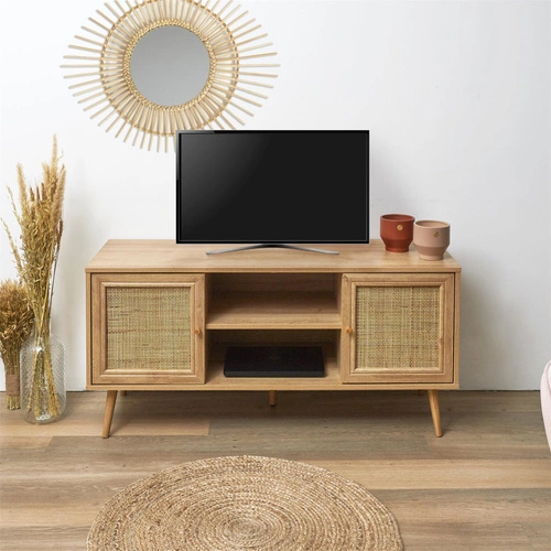 Szafka RTV Bali brązowa boho z plecionym frontem 115 cm stojąca do salonu Intesi