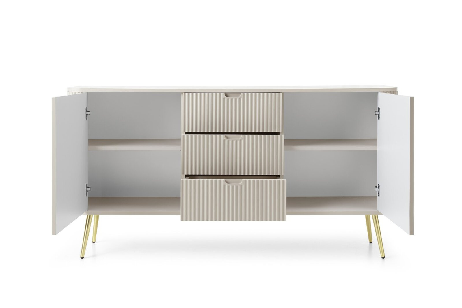 Komoda Seda beżowa ryflowana z szufladami na złotych nogach nowoczesna do salonu