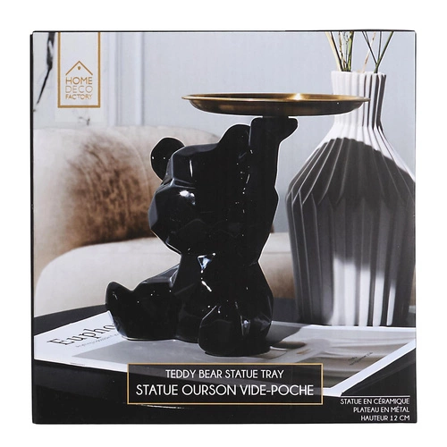 Figurka dekoracyjna miś origami czarna ze złotą tacą ceramiczna do salonu Intesi