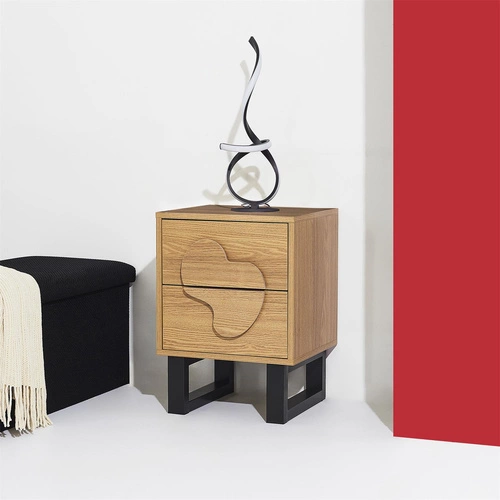 Szafka nocna Intesi Calypso 40 cm z 2 szufladami w stylu boho, naturalny dąb/czarny, elegancka i funkcjonalna do sypialni