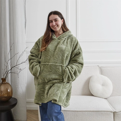 Bluzo koc z kapturem Intesi Snuddie zielony, ciepły koc polarowy do salonu