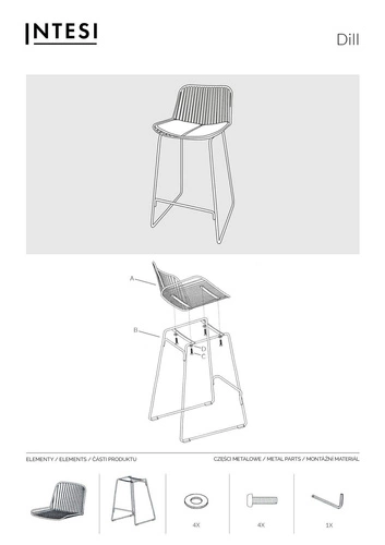 Hoker Dill High czarny z oparciem, metalowy, tapicerowany, do kuchni i wyspy, 75 cm Intesi