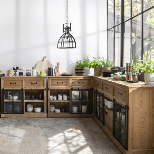 Komoda Danik industrialna z szybą, drewniana komoda do salonu i sypialni 94 cm Atmosphera