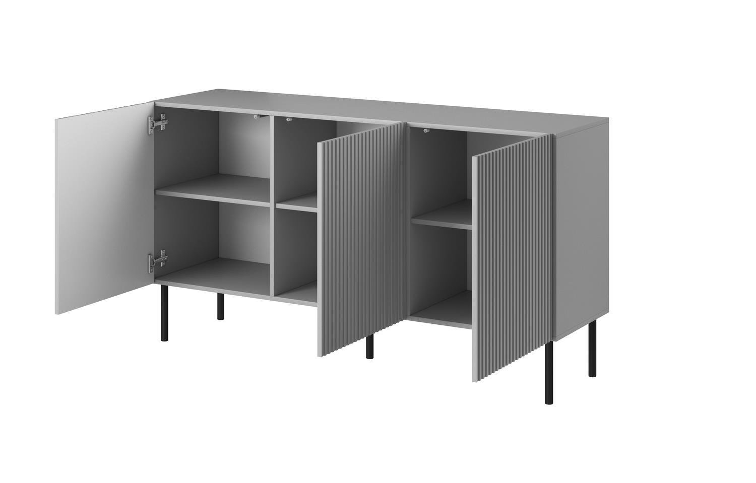 Komoda Harbin 150 cm szara z ryflowanymi frontami nowoczesna na nóżkach do salonu Intesi