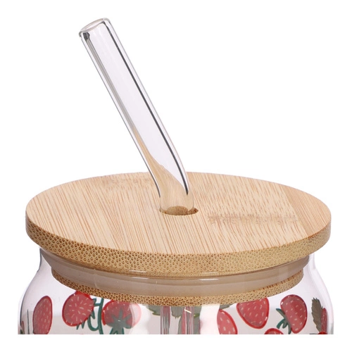 Szklanka do napoju z pokrywką i słomką Soleo 530 ml poziomki Intesi – letni design