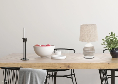 Lampka nocna do sypialni Ambon nowoczesna ceramiczna beżowa z abażurem Candellux 35 cm