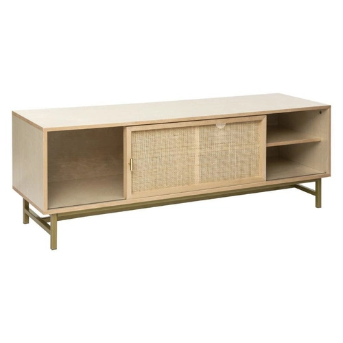 Szafka RTV drewniana Rayo 140 cm boho rattanowa z półkami stojąca do salonu Atmosphera