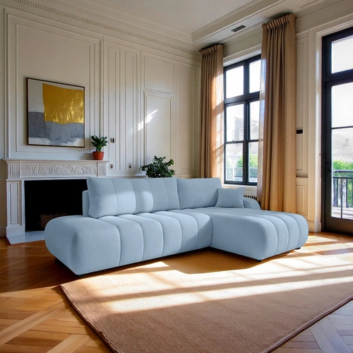 Narożnik z funkcją spania Hobro prawy nowoczesny do salonu niebieski z pojemnikiem