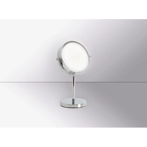 Lusterko LED Juvira okrągłe powiększające stojące do makijażu w srebrnej ramie