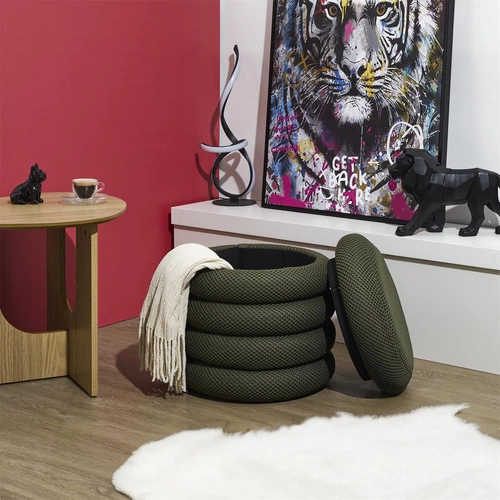 Pufa ze schowkiem Atom khaki okrągła tapicerowana do salonu i sypialni Intesi 42 cm