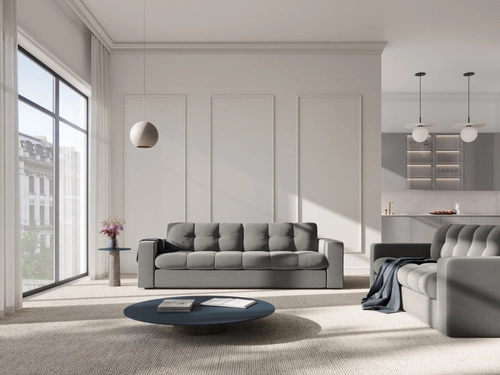 Pufa welurowa pikowana Justin Light Grey 60x60 cm do salonu i sypialni szara glamour