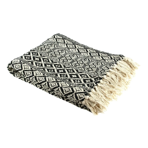 Narzuta bawełniana etniczna czarno-biała z frędzlami 120x150cm Intesi na łóżko