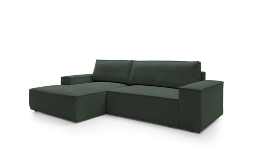 Narożnik sztruksowy z funkcją spania Molde M lewy zielony z pojemnikiem do salonu