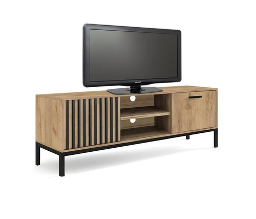 Szafka RTV Markle 180 cm dąb craft czarna z lamelami nowoczesna stojąca do salonu