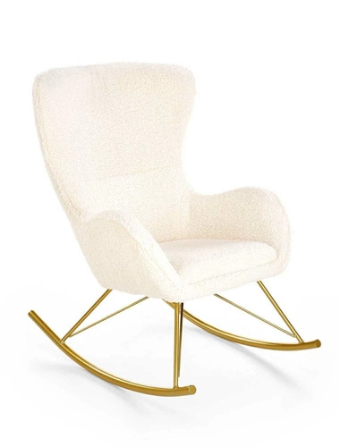 Fotel bujany Fadil do salonu kremowy boucle glamour na złotych nogach łatwoczyszczący
