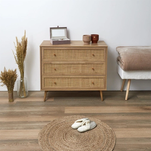 Komoda Bali boho z plecionym frontem, 3 szuflady, brązowa, komoda do salonu 90 cm Intesi