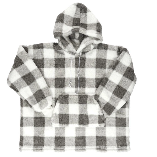 Bluzo koc Intesi snuddie ciepły z kapturem szary w kratę na kanapę do salonu