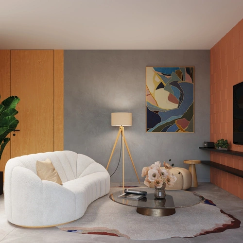 Lampa stojąca do salonu NATT nowoczesna drewniana trójnóg z abażurem taupe 140 cm