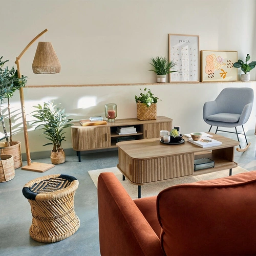 Lampa stojąca boho Palm Atmosphera naturalna drewniana do salonu z abażurem bambusowym