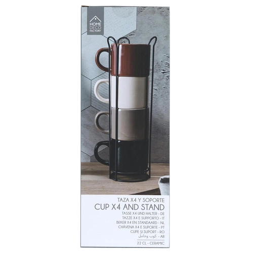 Zestaw 4 kubków ceramicznych Japandi na stojaku Intesi do kawy i herbaty multikolor