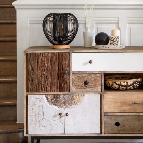 Lampka nocna Noda czarna nowoczesna z drewnianą podstawą do sypialni i salonu Atmosphera