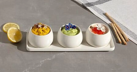 Zestaw do serwowania przystawek Nora biały ceramiczny z 3 miseczkami na tacy 5five simply smart