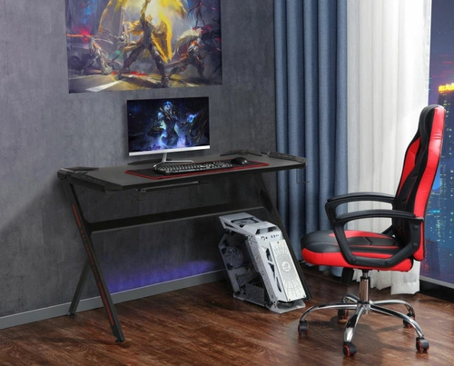 Biurko gamingowe Jayce czarne nowoczesne do pracy i grania z uchwytem na napój Intesi 120x60 cm