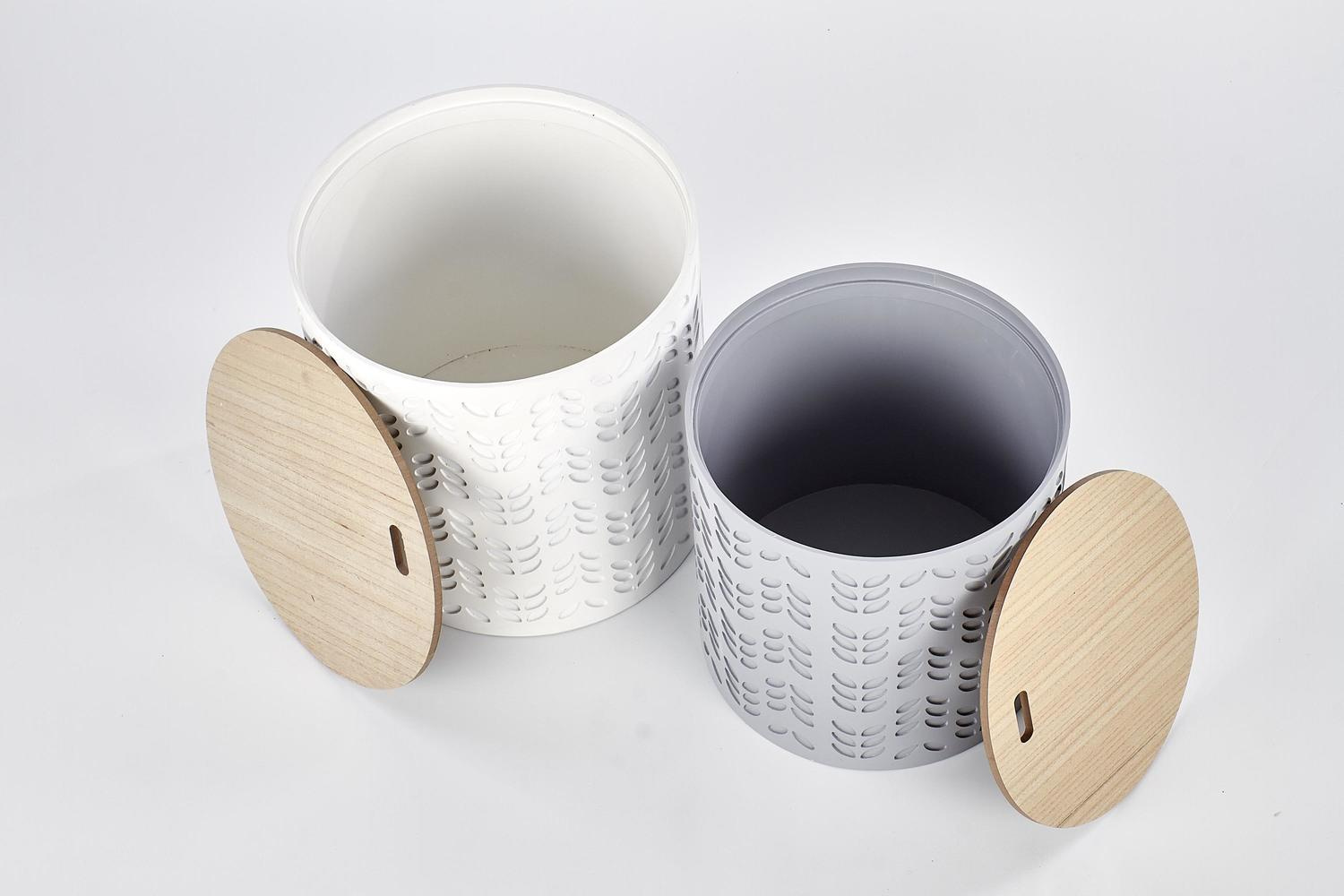 Zestaw dwóch okrągłych stolików kawowych Lamba biały nowoczesny z pojemnikiem do salonu