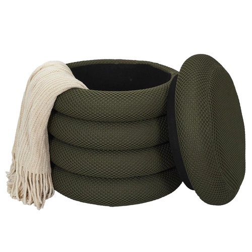 Pufa ze schowkiem Atom khaki okrągła tapicerowana do salonu i sypialni Intesi 42 cm