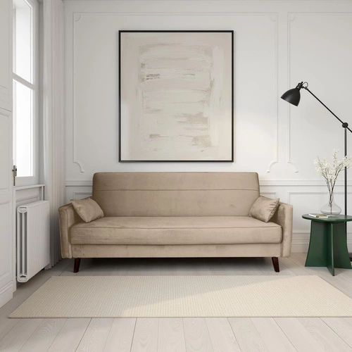 Sofa rozkładana 3 osobowa Izoria beżowa vintage do salonu z pojemnikiem na pościel