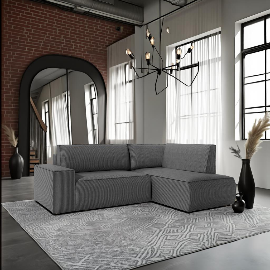 Narożnik z funkcją spania Molde L prawy sztruksowy szary do salonu z pojemnikiem