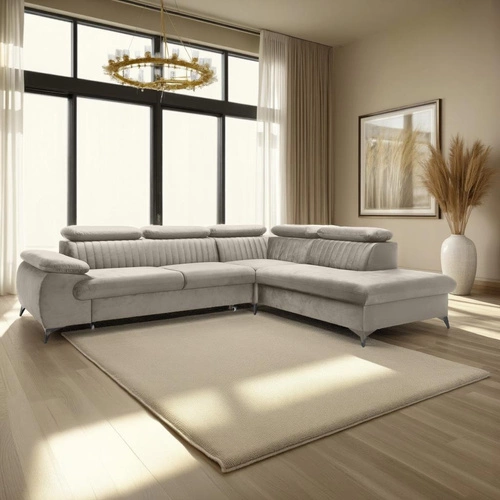 Narożnik z funkcją spania Lund L prawy beżowy nowoczesny do salonu z pojemnikiem