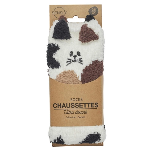 Skarpetki pluszowe Intesi Kot brązowo-białe uniwersalne miękkie i ciepłe do domu
