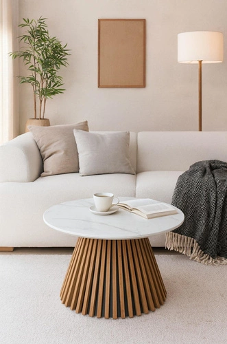 Stolik kawowy Kyoto okrągły 80 cm biały marmur dąb nowoczesny do salonu skandynawski Intesi