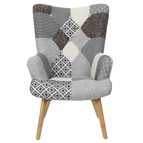 Fotel uszak Helsinki szary patchwork skandynawski do salonu na wysokich drewnianych nogach