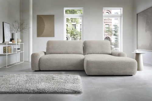 Narożnik z funkcją spania Domle prawy sztruksowy brązowy nowoczesny do salonu Intesi