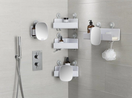 Joseph Joseph EasyStore nowoczesna półka łazienkowa narożna na przyssawki z haczykami pod prysznic