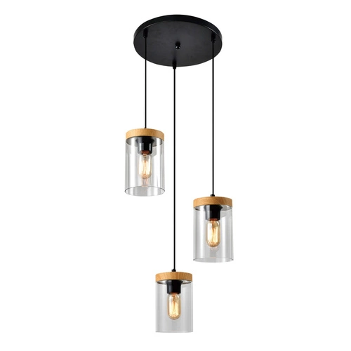 Lampa wisząca Wels talerz  czarny+drewniany 3x40W E27 klosz dymiony