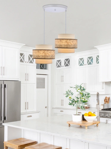 Lampa wisząca Calmi biały talerz 2x40W  E27 abażur biały+beżowy